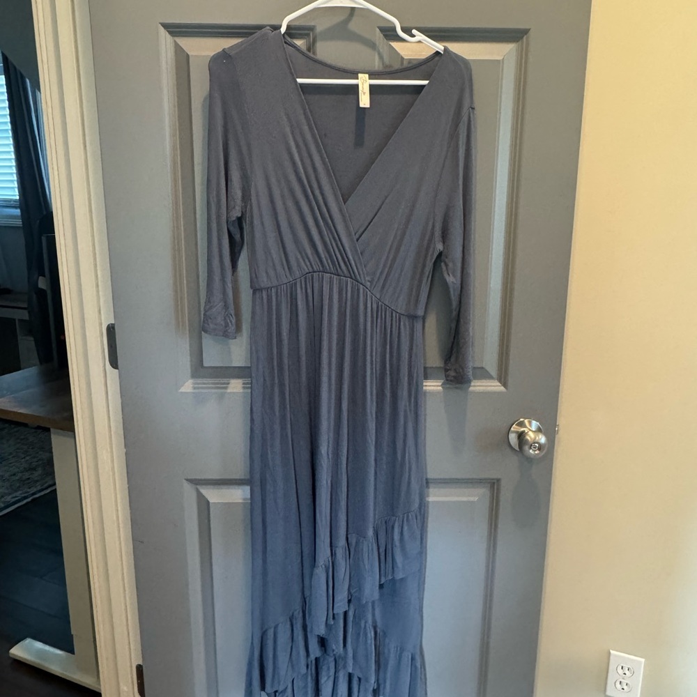 Casual V-Neck Slate Blue Maxi Dress with Tiered Hem
